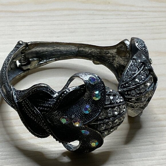 Exotic Tulip Lily Unique Statement Silver Tone Rhinestone Hinged Bangle Bracelet - Picture 6 of 8